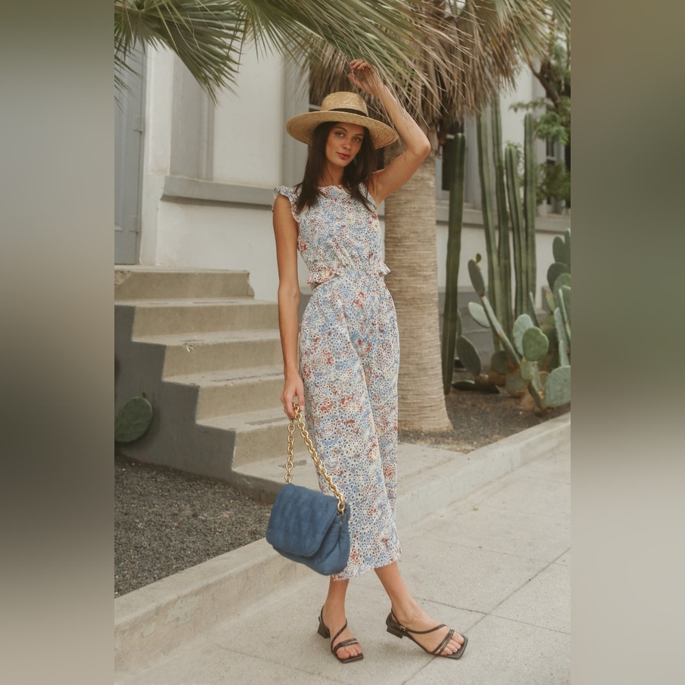 Embroidered Eyelet Floral Jumpsuit with Side Cutouts - Lexie